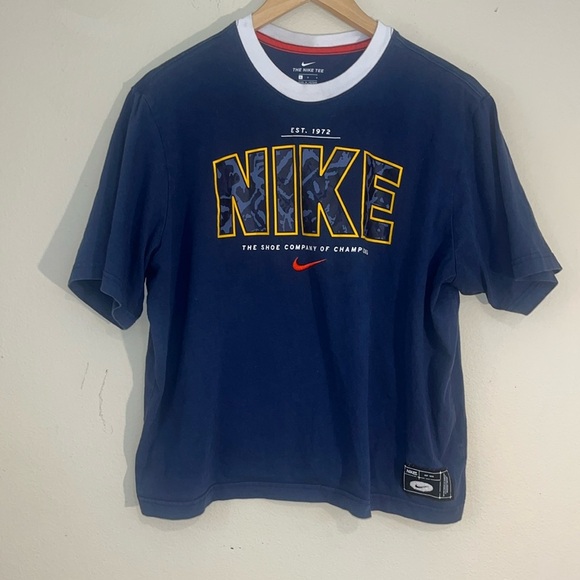 Vintage Nike Animal Print Navy Crop Top T-Shirt - L - Picture 1 of 8